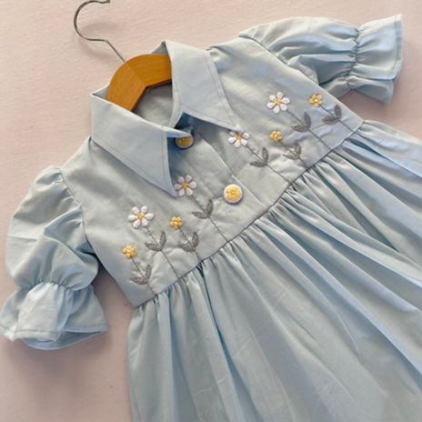 Blue Hand Embroidered Dress & Romper,0 to 8T.
