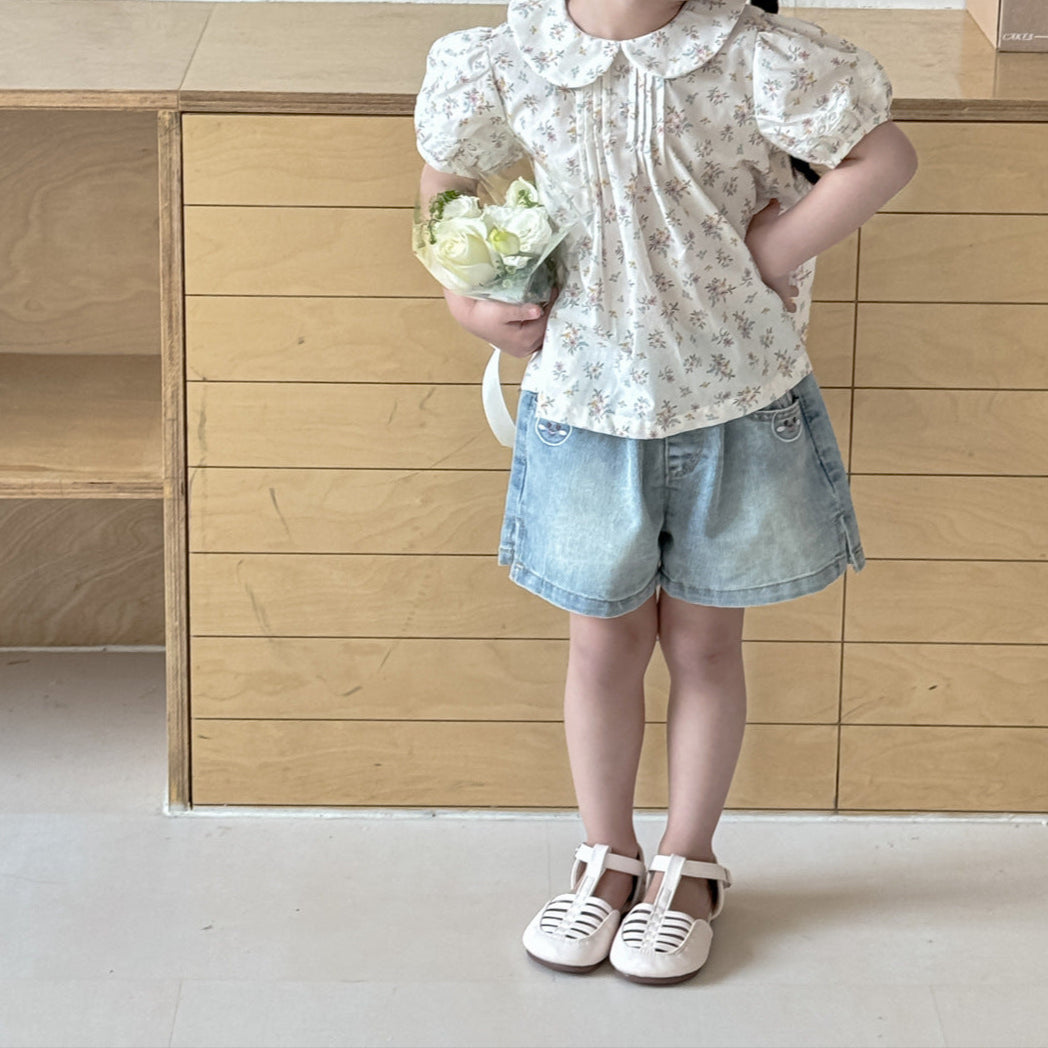 Vintage Floral Cotton Top & Denim Shorts Set (2T–6T)