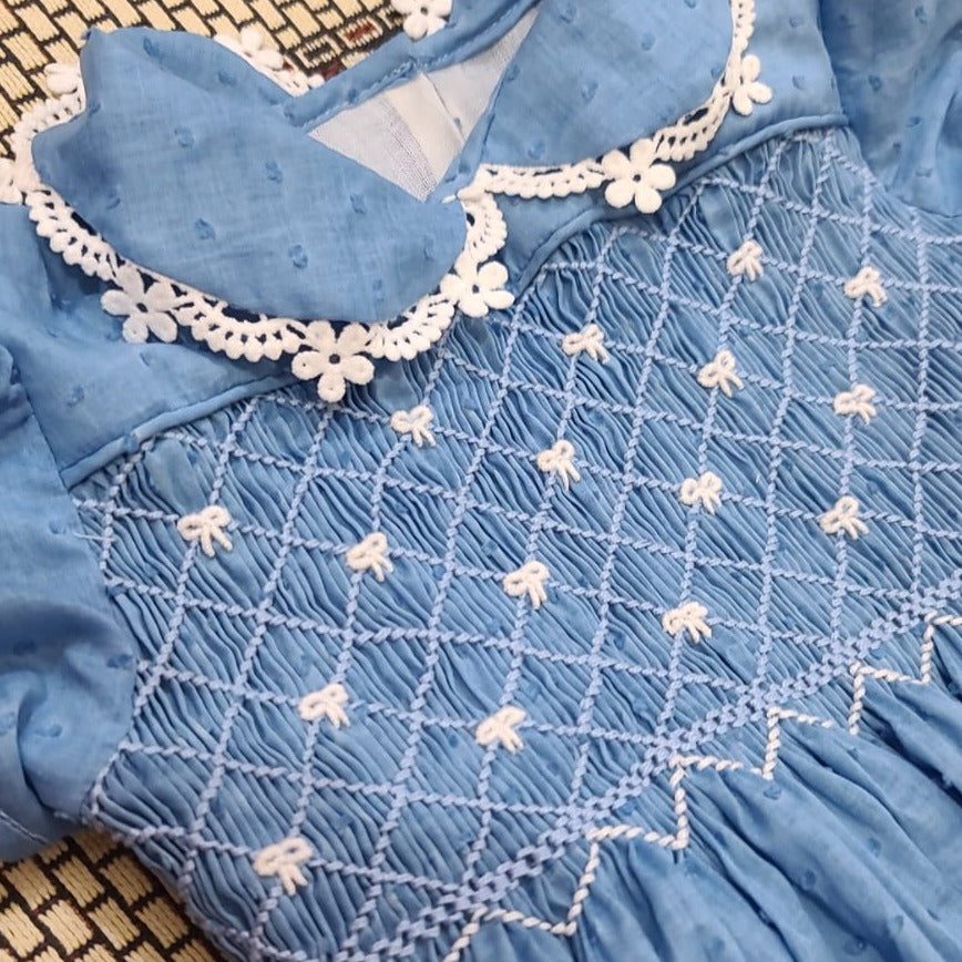 Blue Smocked Dress With Embroidered Bows,3M to 12T.