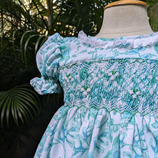 Emerald Garden Hand-Smocked Cotton Satin Dress,6M to 6T.