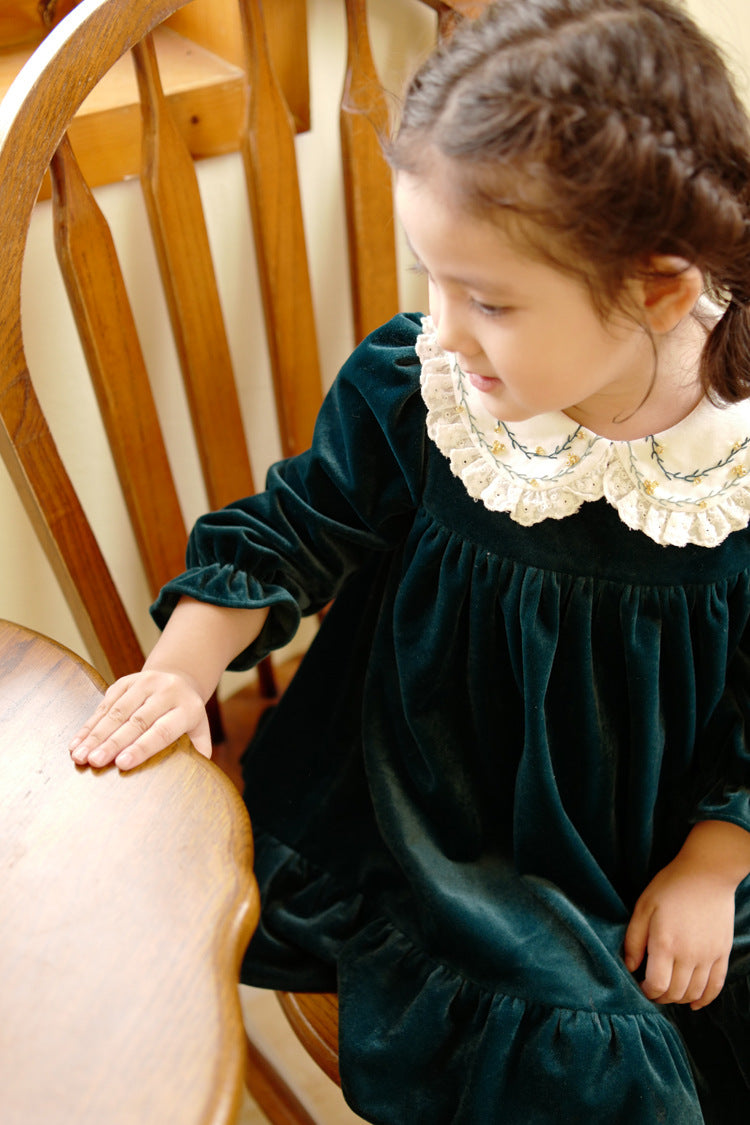Gold Velvet Embroidered Dress,Red/Green,12M to 8T.