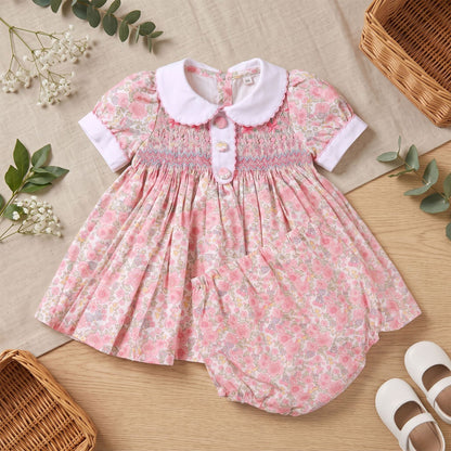 Pink Floral Hand Smocked & Embroidered Baby Dress with Bloomers