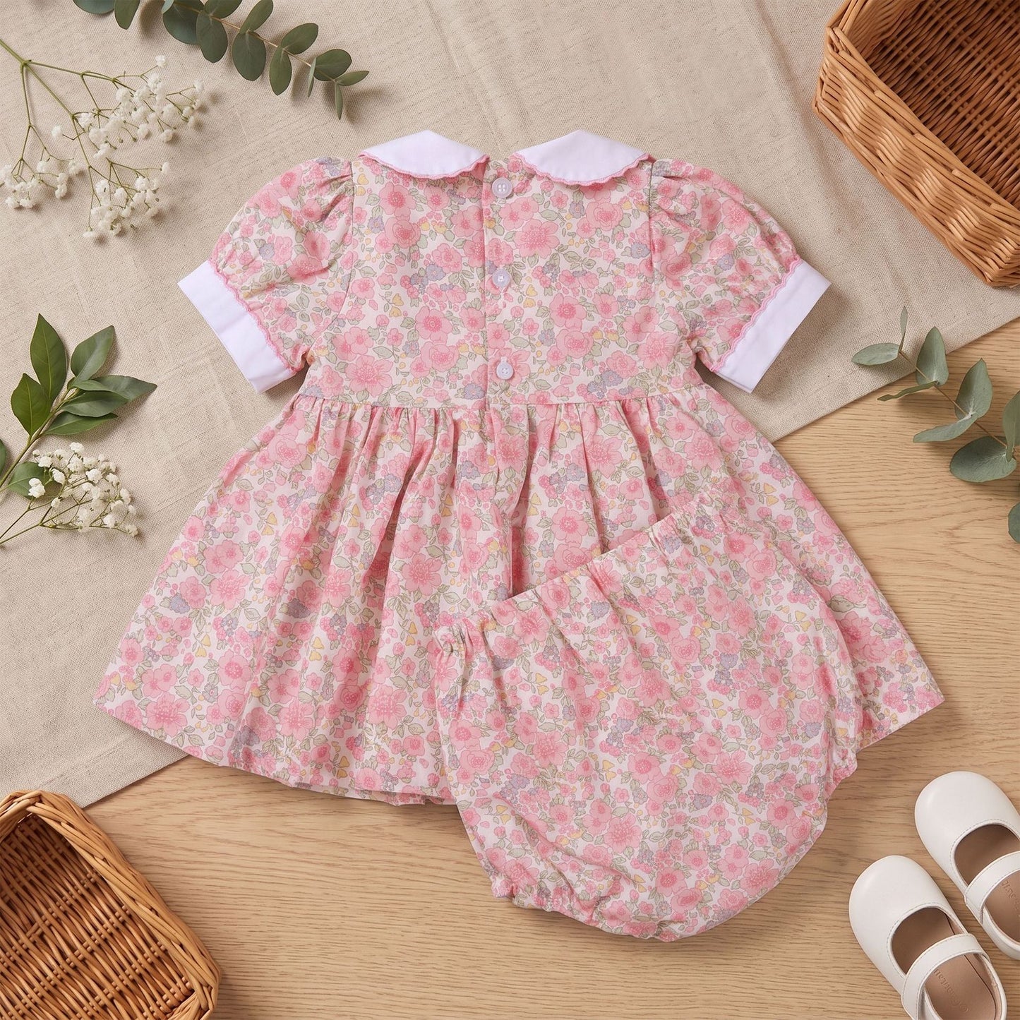 Pink Floral Hand Smocked & Embroidered Baby Dress with Bloomers
