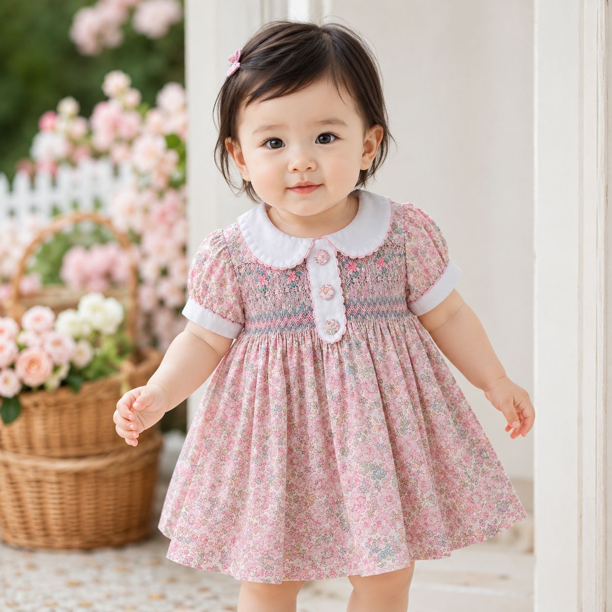 Pink Floral Hand Smocked & Embroidered Baby Dress with Bloomers