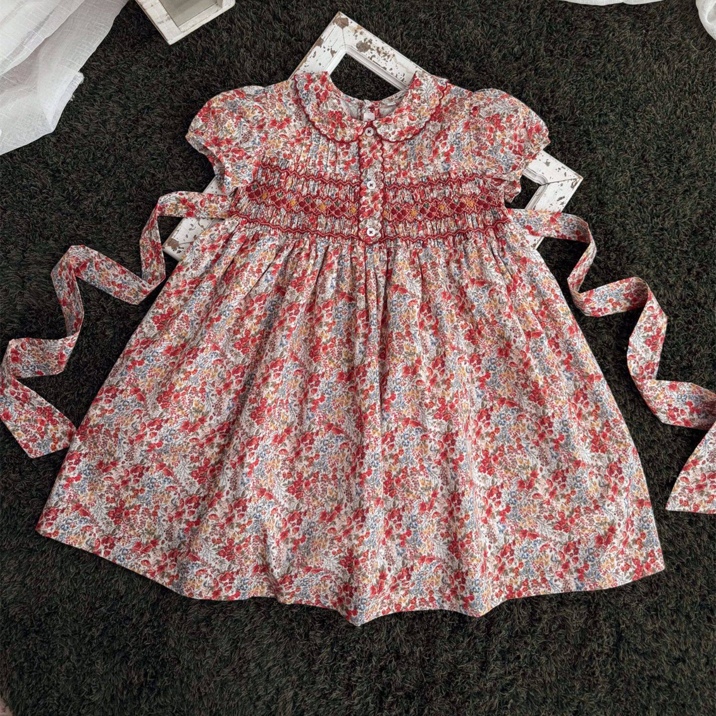 Vintage Floral Hand Smocked & Embroidered Girls Dress