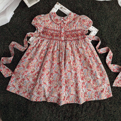 Vintage Floral Hand Smocked & Embroidered Girls Dress