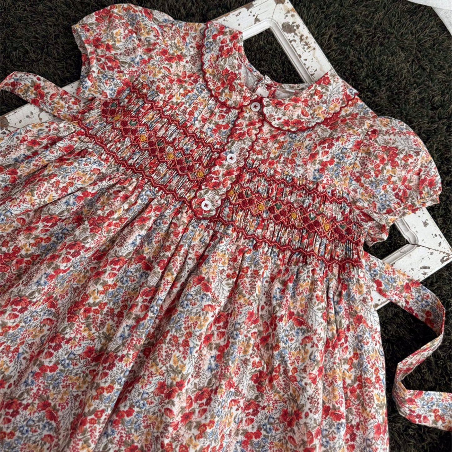 Vintage Floral Hand Smocked & Embroidered Girls Dress