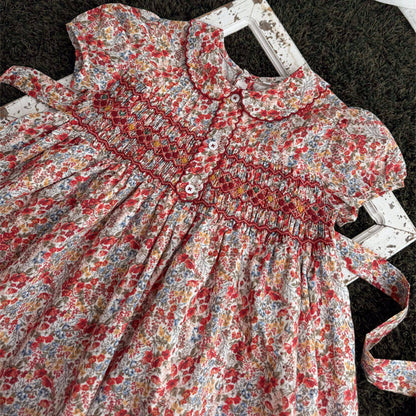 Vintage Floral Hand Smocked & Embroidered Girls Dress