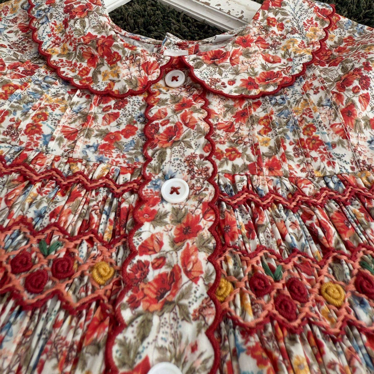 Vintage Floral Hand Smocked & Embroidered Girls Dress