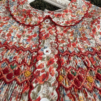 Vintage Floral Hand Smocked & Embroidered Girls Dress