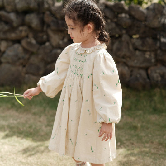 Hand Smocked Long Sleeves Dress,2T to 7T