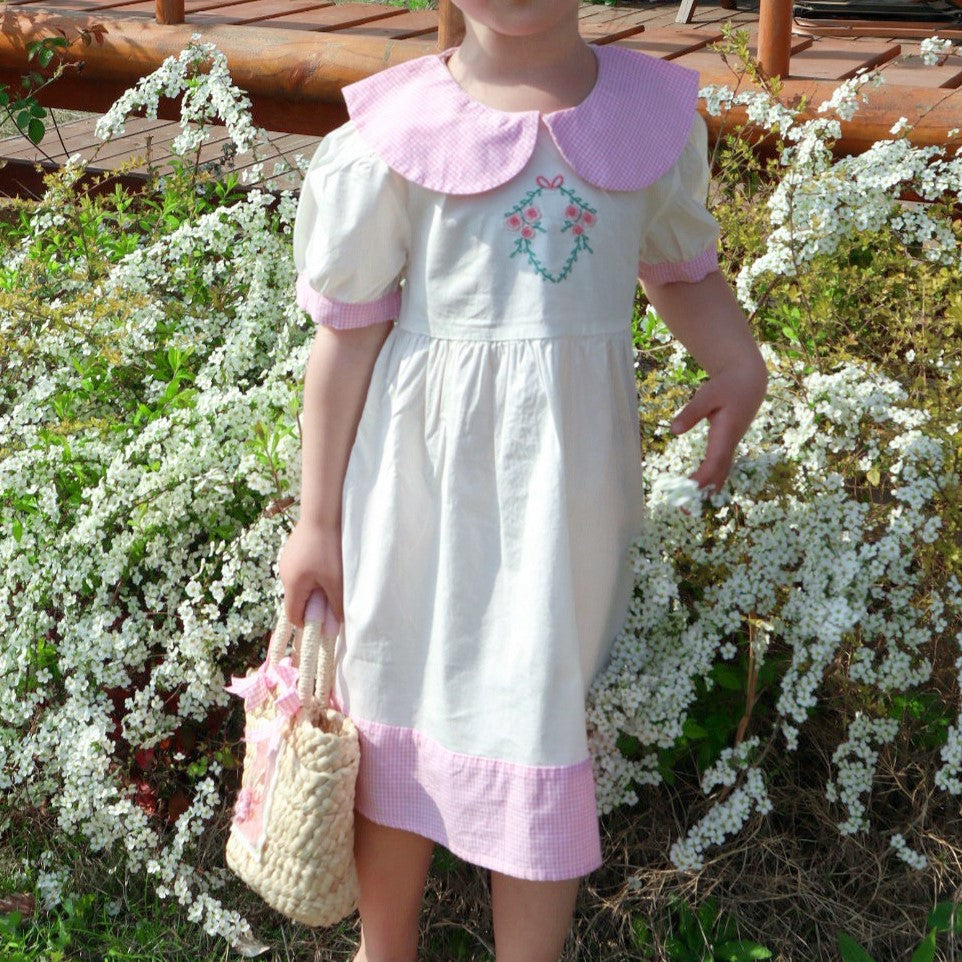 Peter Pan Collar Embroidered Dress,2T to 8T.