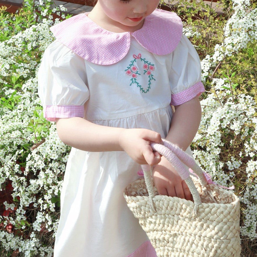 Peter Pan Collar Embroidered Dress,2T to 8T.