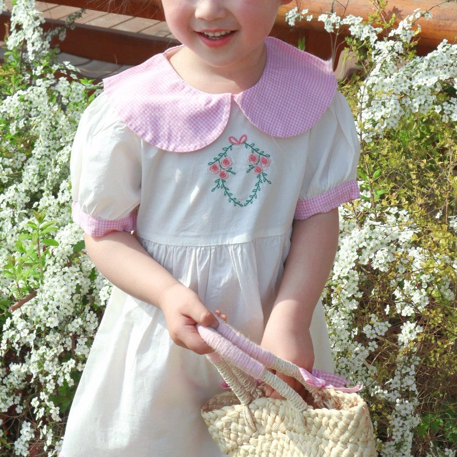 Peter Pan Collar Embroidered Dress,2T to 8T.