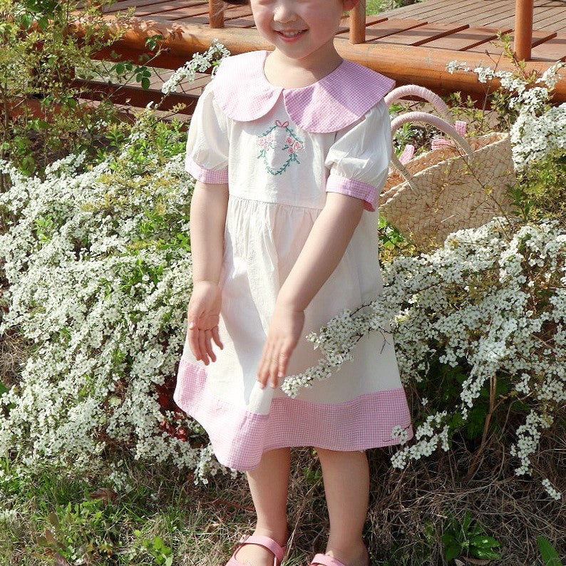Peter Pan Collar Embroidered Dress,2T to 8T.