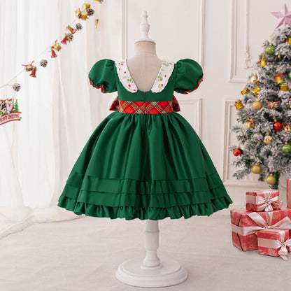 Girls Green Holiday Dress with Plaid Bow (Sizes 4T–8T)