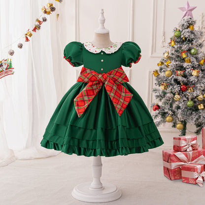 Girls Green Holiday Dress with Plaid Bow (Sizes 4T–8T)