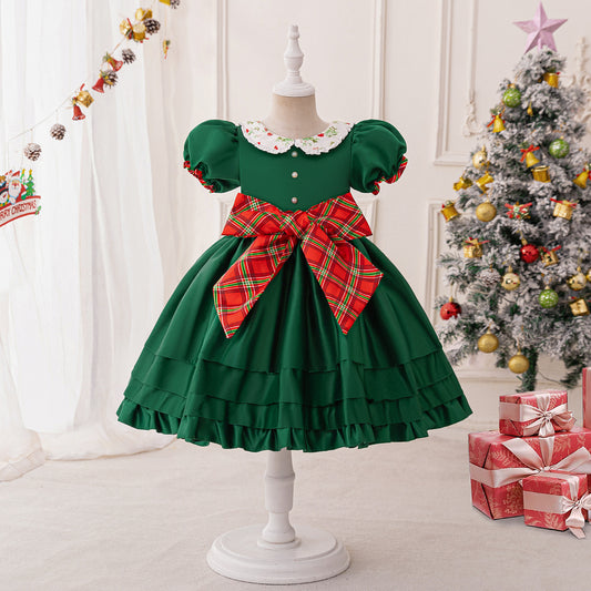 Girls Green Holiday Dress with Plaid Bow (Sizes 4T–8T)