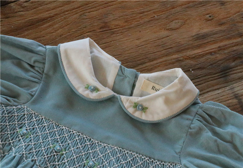 Hand-Smocked Dusty Blue Cotton Dress,2T–7T