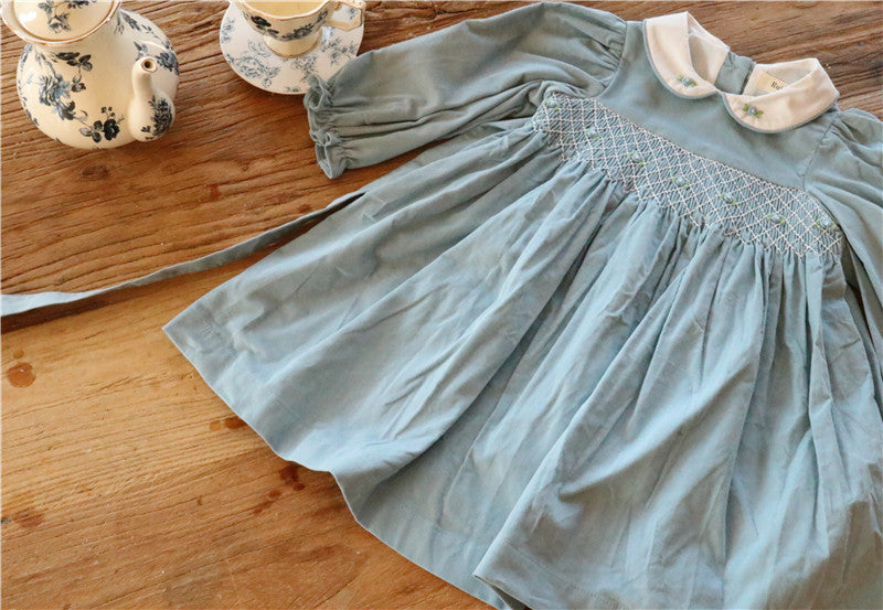 Hand-Smocked Dusty Blue Cotton Dress,2T–7T
