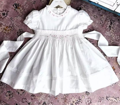 Hand Smocked Waistline Embroidered Dress,2T to 8T.