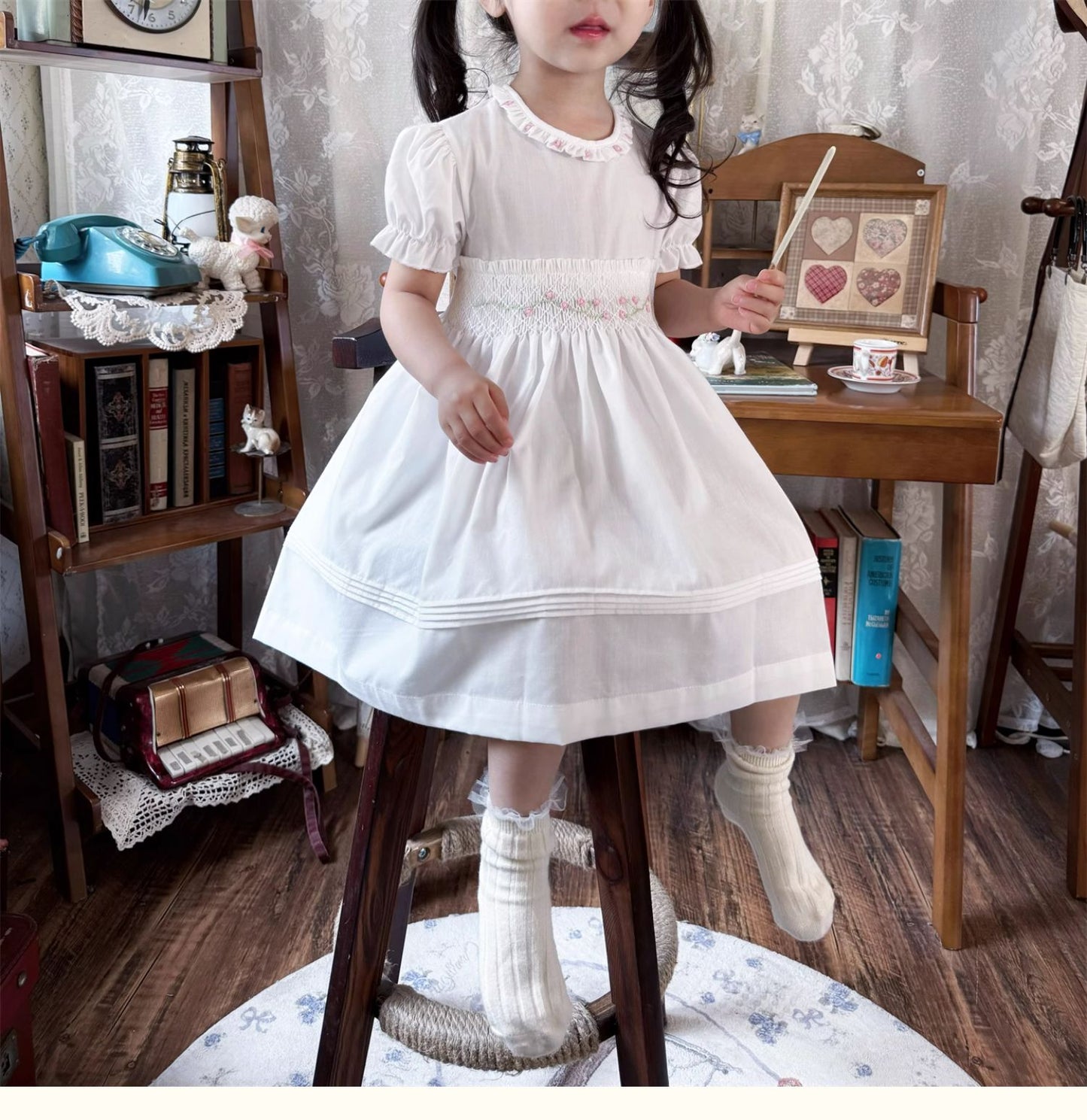 Hand Smocked Waistline Embroidered Dress,2T to 8T.