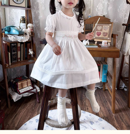Hand Smocked Waistline Embroidered Dress,2T to 8T.