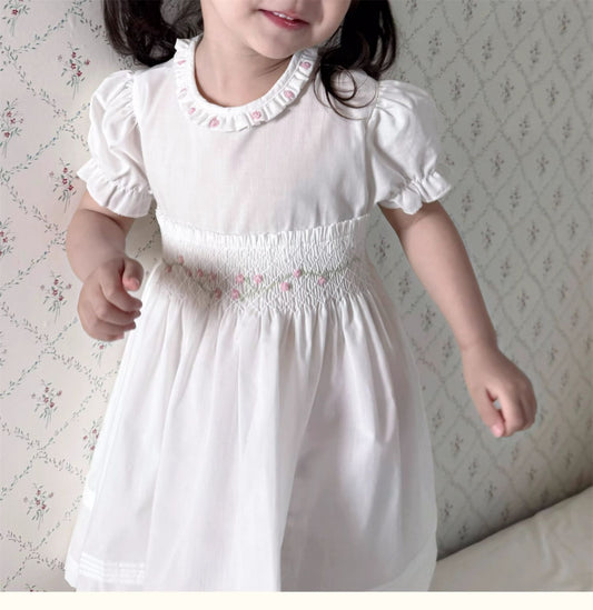 Hand Smocked Waistline Embroidered Dress,2T to 8T.