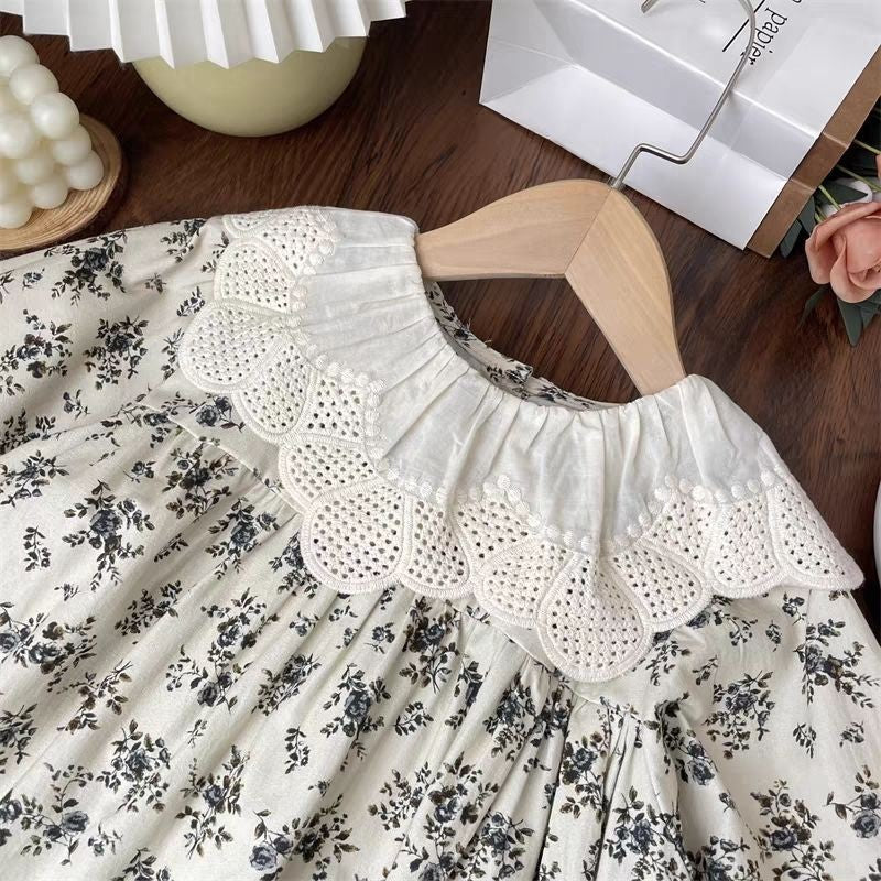 Vintage Floral Cotton Dress with Lace Collar,2T to 8T
