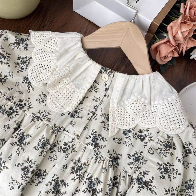 Vintage Floral Cotton Dress with Lace Collar,2T to 8T