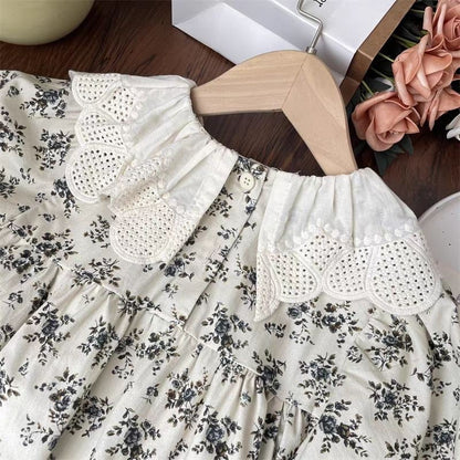 Vintage Floral Cotton Dress with Lace Collar,2T to 8T