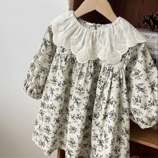 Vintage Floral Cotton Dress with Lace Collar,2T to 8T