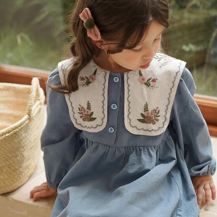 Blue Embroidered Lapel Collar Dress,2T to 7T.
