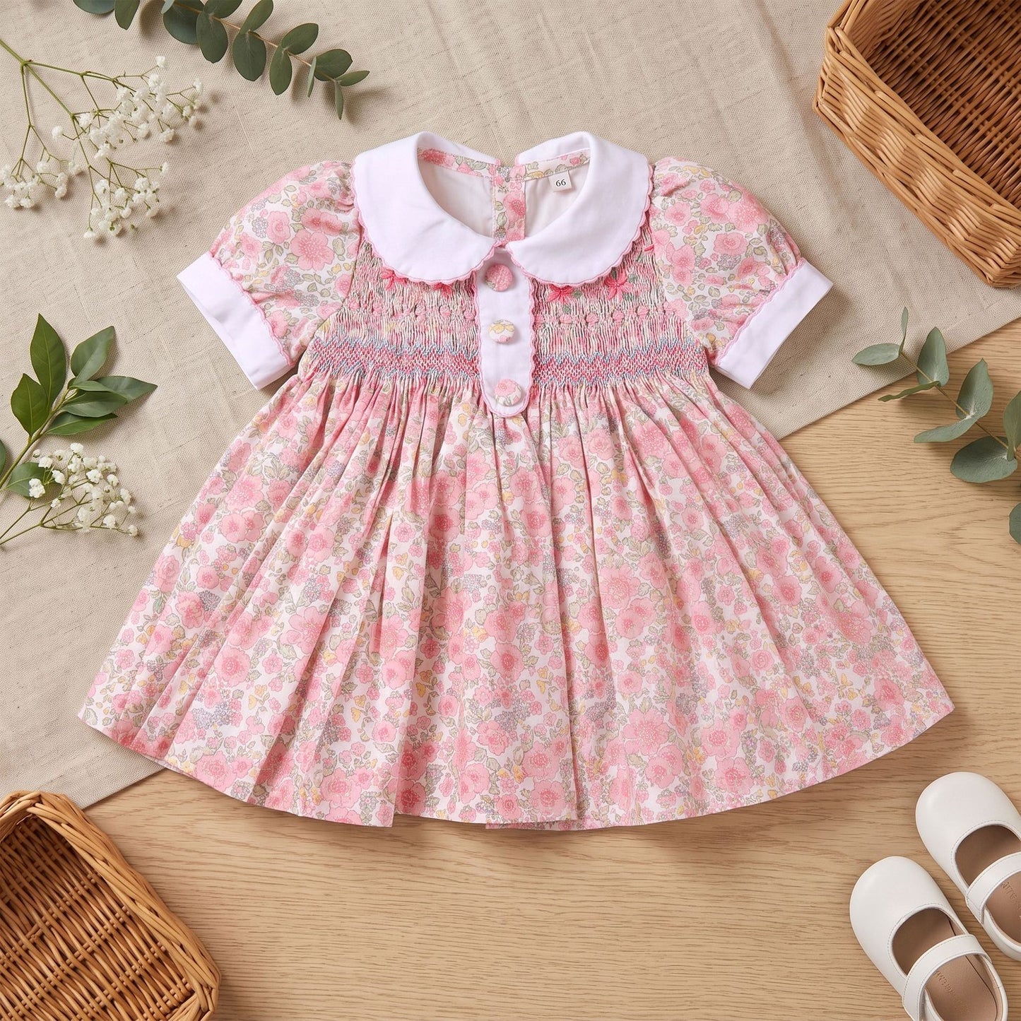 Pink Floral Hand Smocked & Embroidered Baby Dress with Bloomers