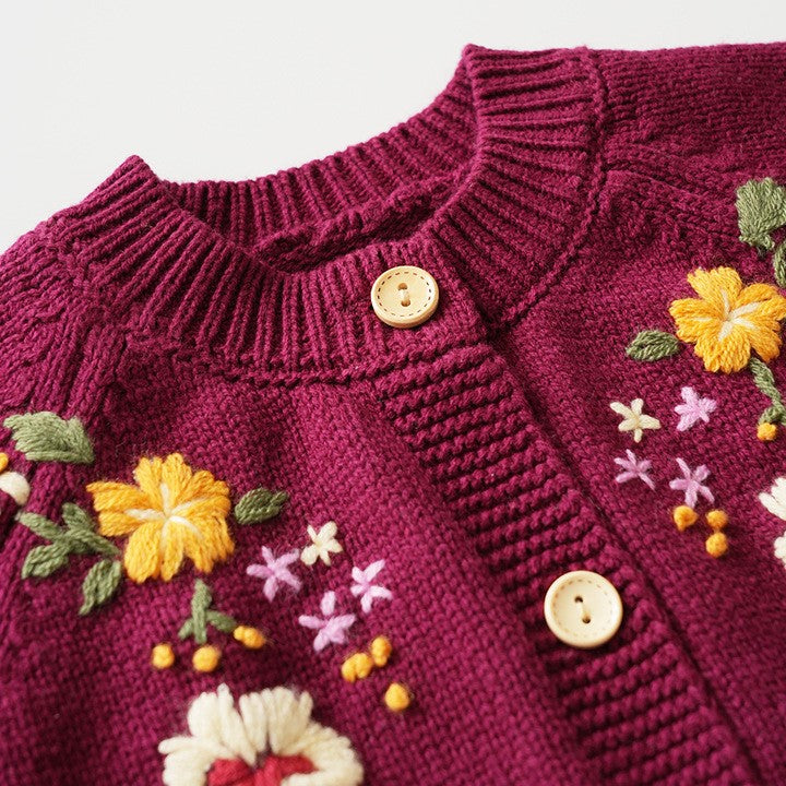 Maroon Blooms Hand Embroidered Cardigan,12M to 5T.