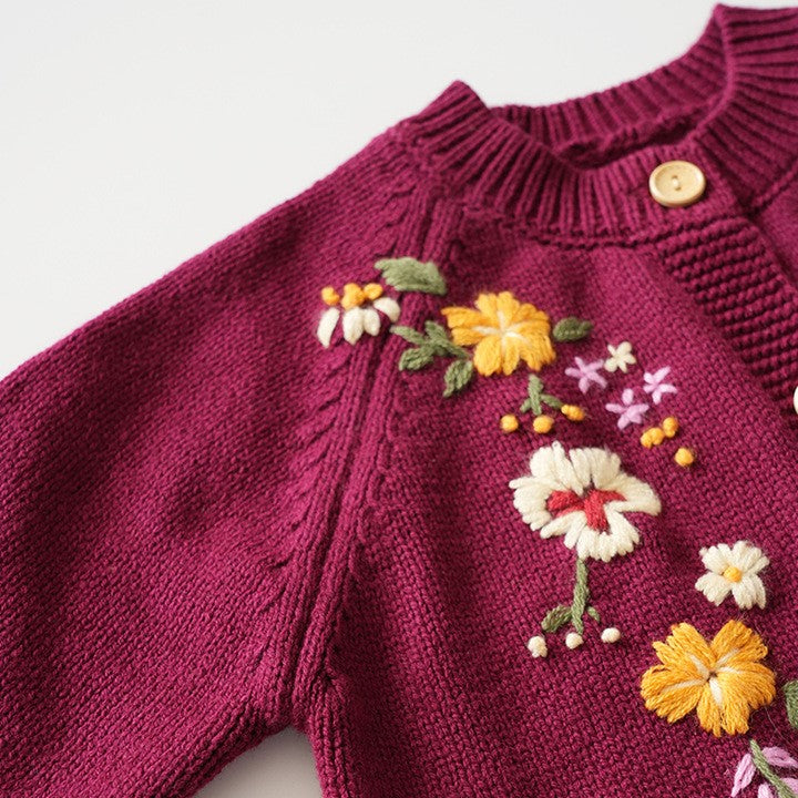 Maroon Blooms Hand Embroidered Cardigan,12M to 5T.