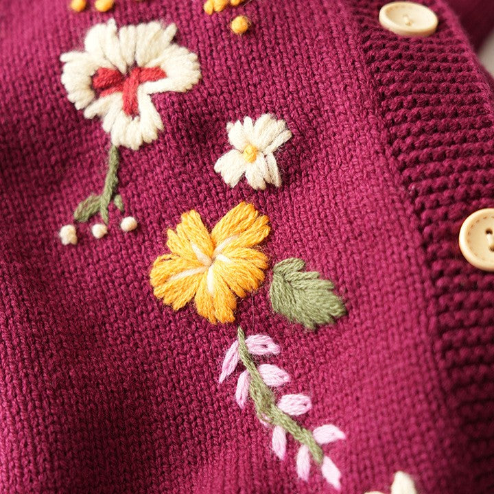 Maroon Blooms Hand Embroidered Cardigan,12M to 5T.