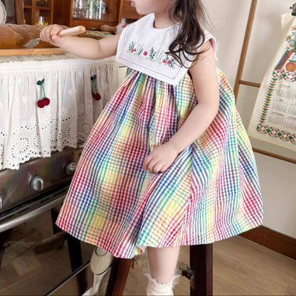 Rainbow Check Girls Dress with Hand Embroidery,2T–7T