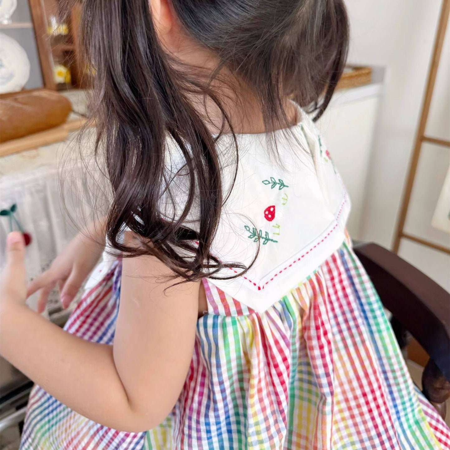 Rainbow Check Girls Dress with Hand Embroidery,2T–7T