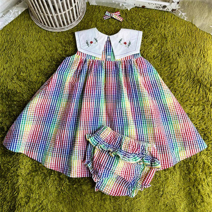 Rainbow Check Girls Dress with Hand Embroidery,2T–7T