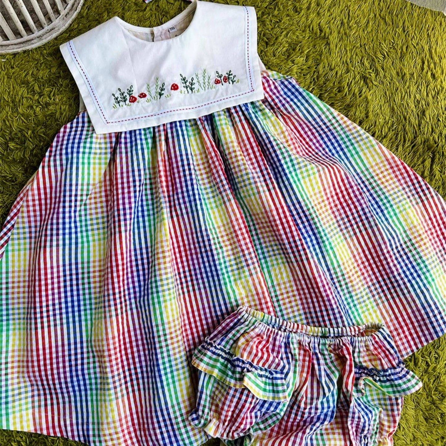 Rainbow Check Girls Dress with Hand Embroidery,2T–7T