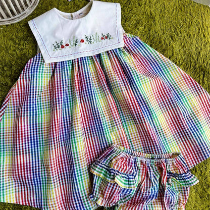 Rainbow Check Girls Dress with Hand Embroidery,2T–7T
