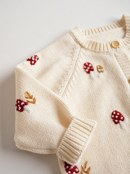 Hand Embroidered Mushrooms Cardigan,2T to 6T.