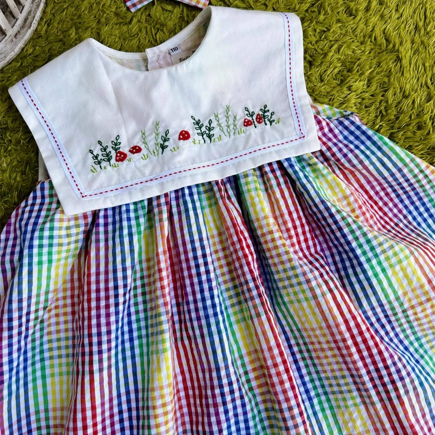 Rainbow Check Girls Dress with Hand Embroidery,2T–7T
