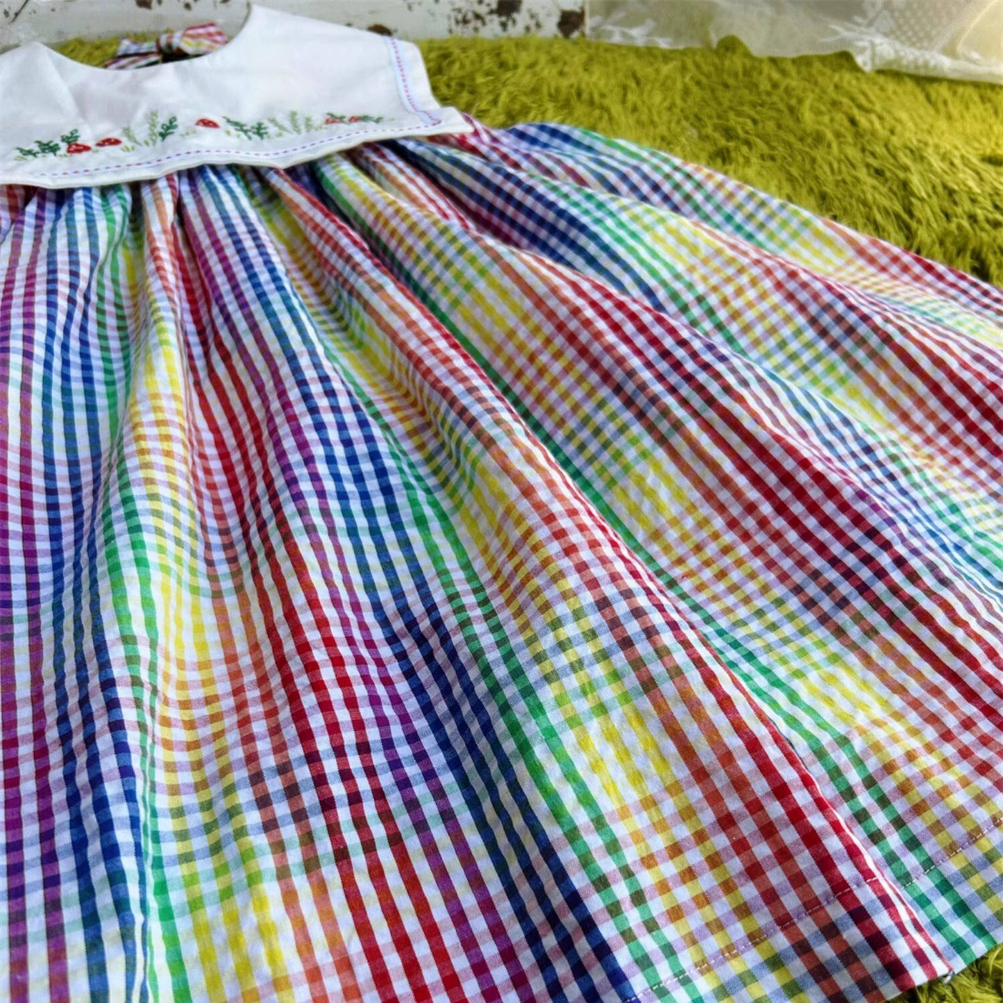 Rainbow Check Girls Dress with Hand Embroidery,2T–7T