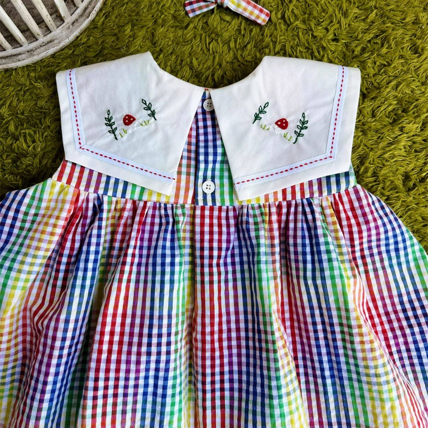 Rainbow Check Girls Dress with Hand Embroidery,2T–7T