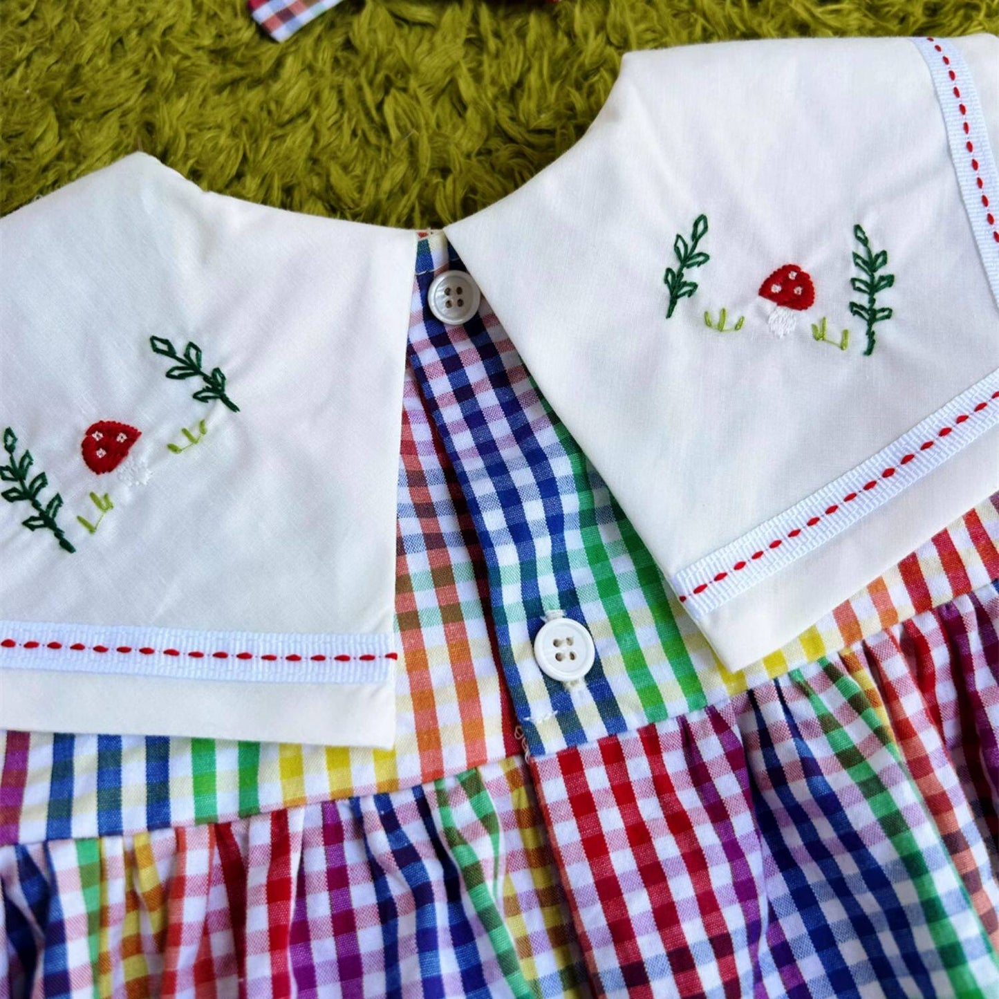 Rainbow Check Girls Dress with Hand Embroidery,2T–7T