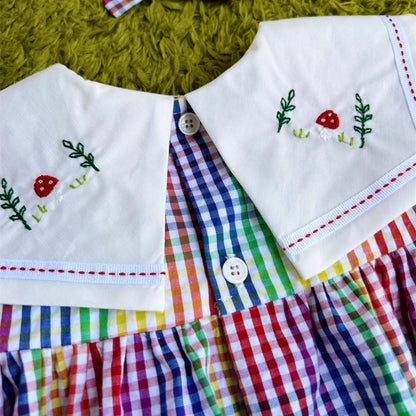 Rainbow Check Girls Dress with Hand Embroidery,2T–7T
