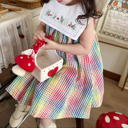 Rainbow Check Girls Dress with Hand Embroidery,2T–7T