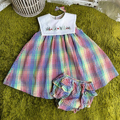 Rainbow Check Girls Dress with Hand Embroidery,2T–7T